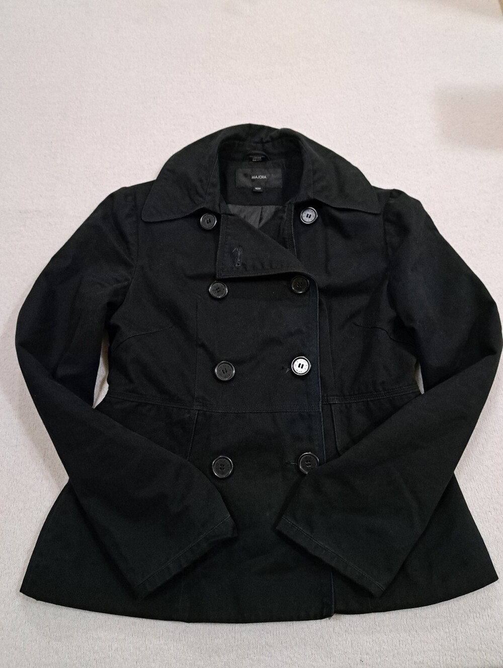 Majora Classic Black Pea Coat Size Medium Woven Utility Jacket Pockets Tailored